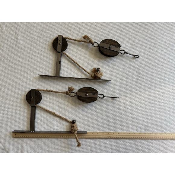 Pulley Mounting Brackets With Hook Rustic Vintage Inspired Metal Wood Twine Set - Picture 5 of 10